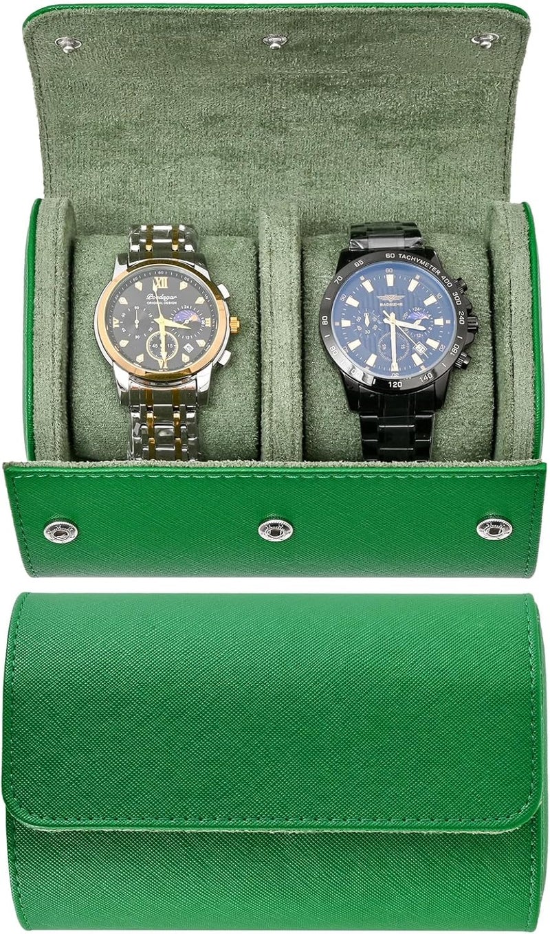 ROSELLE Watch Roll Travel Case for Men and Women- 2 Watch Storage and Organizer-Secure Storage with Innovative Removable Pillows & Solid Dividers for Home Storage, Travel and Display (Green Cross-2 Slot) - Image 1